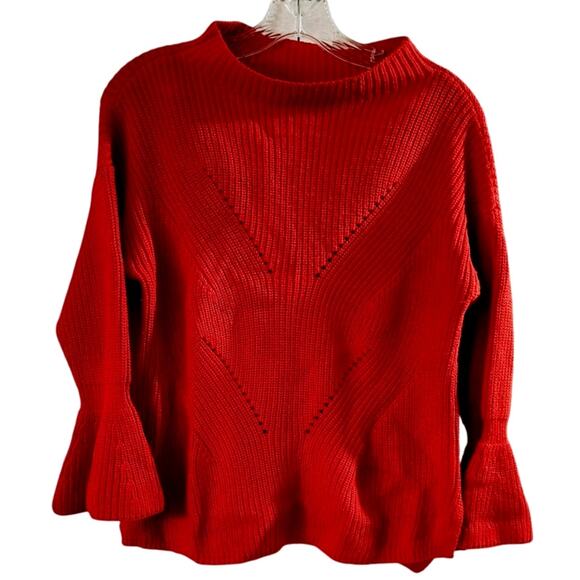 Loft Red Mock Neck Bell Sleeves Knit Pullover Sweater Size Medium - Picture 2 of 7